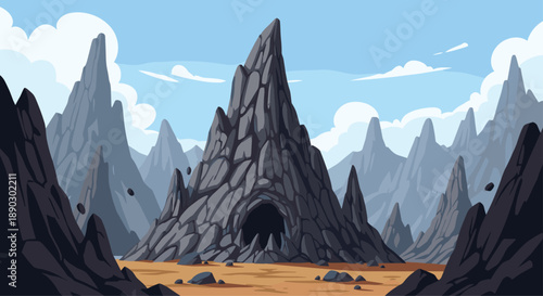 Dramatic fantasy landscape featuring a towering jagged mountain with a dark cave entrance under a blue sky.