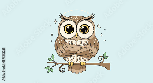 Adorable cartoon owl with wide sparkling eyes perches on a leafy branch against a serene light blue sky with stars.