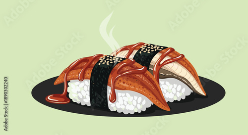 Delectable unagi sushi on a black plate featuring perfectly grilled eel drizzled with rich sauce and sesame seeds.