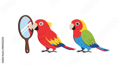Vivid illustration of two colorful parrots one curiously admiring its reflection in a hand mirror the other watching.