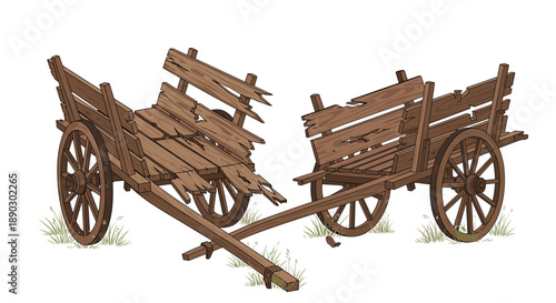 Rustic pair of old dilapidated wooden carts standing in a grassy field symbolizing decay and the passage of time.