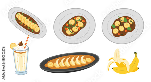 Assortment of delicious banana desserts including sliced bananas with sauce on plates and a refreshing banana milkshake.