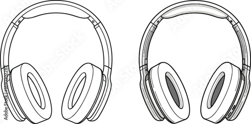 Over ear headphones line illustration set with outline and shaded styles isolated white background modern vector design