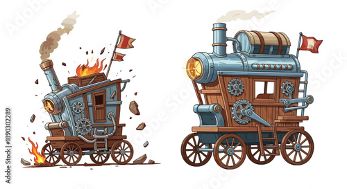 Intriguing comparison of two steampunk-inspired trains one grand and functional the other dramatically broken and aflame.
