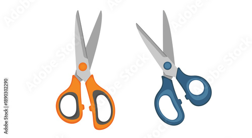 Practical set of two open pairs of scissors featuring vibrant orange handles and classic blue handles for various tasks.