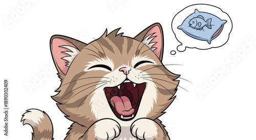 Amusing cartoon cat with a wide open mouth seemingly laughing or yawning while dreaming of a fish on a pillow.