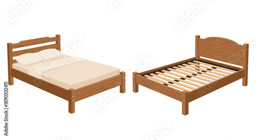 Clear depiction of two wooden beds one fully made with a comfortable mattress and pillows and the other a bare frame.