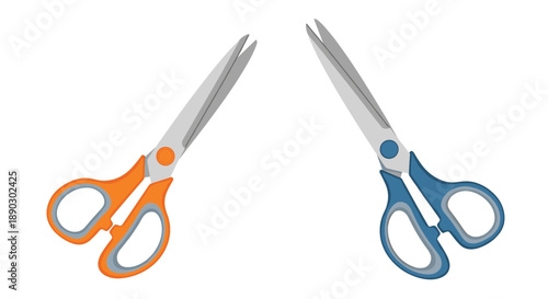 Practical set of two open pairs of scissors featuring vibrant orange handles and classic blue handles for various tasks.