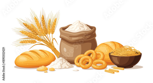Abundant display of various flour and bread products including golden wheat stalks a bag of flour loaves bagels and pasta.