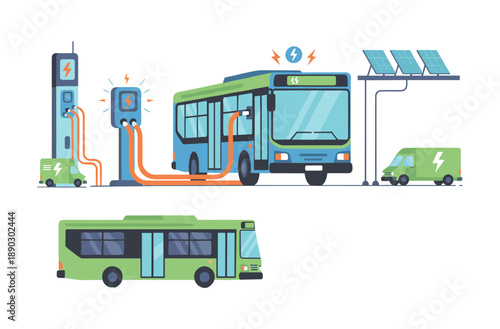 Electric buses charging at solar powered station