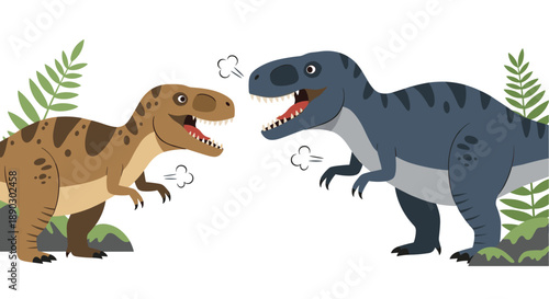 Dynamic illustration of two cartoon Tyrannosaurus Rex dinosaurs roaring ferociously at each other in a prehistoric jungle.