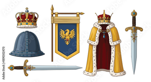 Extensive collection of medieval royal and knight regalia including ornate crowns a battle-ready helmet and ceremonial swords.
