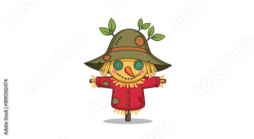 Adorable cartoon scarecrow featuring a patched hat green leaves and a charming red jacket standing cheerfully.