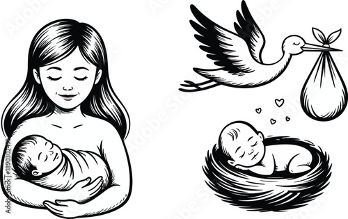 Black and white illustration of a mother holding a baby and a stork delivering a newborn in a nest