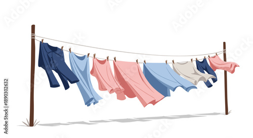 Everyday scene of colorful fresh laundry gently swaying in the outdoor breeze on a clothesline on a bright sunny day.