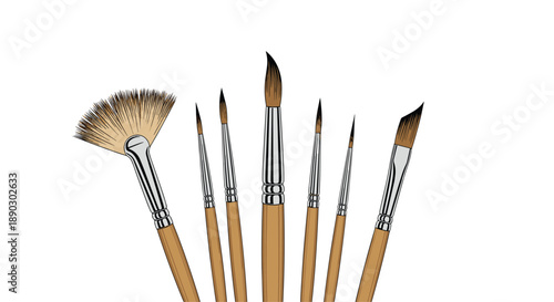 Complete diverse collection of professional artist paint brushes with wooden handles and various bristle shapes for creative artwork.