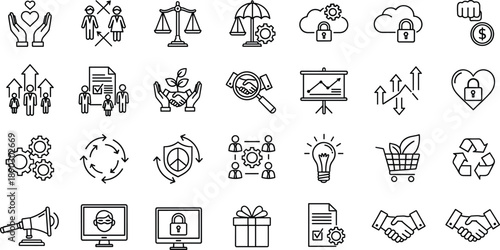 Comprehensive Business Ethics and Sustainability Icon Set Featuring CSR, ESG Standards, Legal Justice, Environmental Protection, Corporate Governance, Teamwork, and Secure Data Solutions