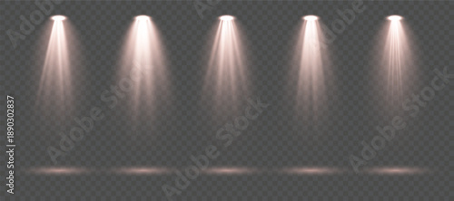 Collection of powerful red beam spotlights with glowing shafts of light and realistic stage illumination isolated on transparent background ideal for event banners, music shows and digital vector desi