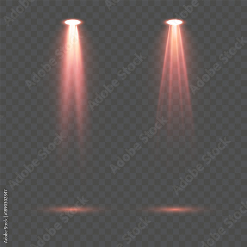 Stage spotlight illumination scene with radiant red beams, atmospheric haze and glowing edges isolated on transparent background suitable for concert graphics, theatrical posters and vector stock desi
