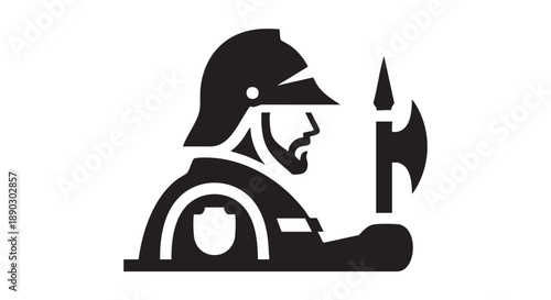Silhouette of a medieval knight holding an axe in a heroic pose, viewed from the side in a minimalist illustration