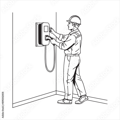 EV charging station, electric vehicle, worker silhouette, hard hat, cable plug, sustainable energy, CAD drawing, flat vector illustration, black white