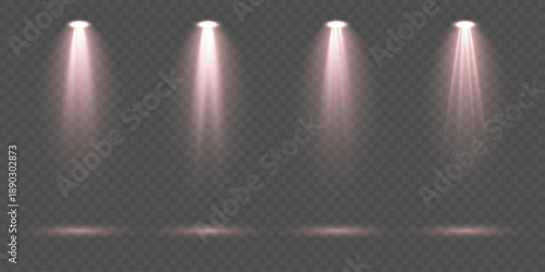Creative collection of bright red lighting spot sources including stage spotlights, floodlight beams and atmospheric rays isolated on transparent background ideal for concert visuals and abstract vect