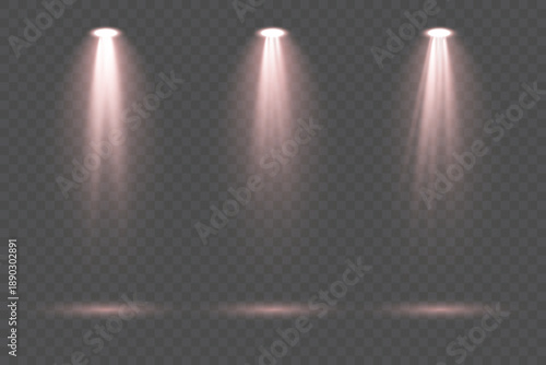 Creative collection of bright red lighting spot sources including stage spotlights, floodlight beams and atmospheric rays isolated on transparent background ideal for concert visuals and abstract vect