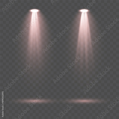 Set of red spotlights with powerful illumination beams and diffused glowing rays isolated on transparent background perfect for dramatic stage lighting design, presentation highlights and professional