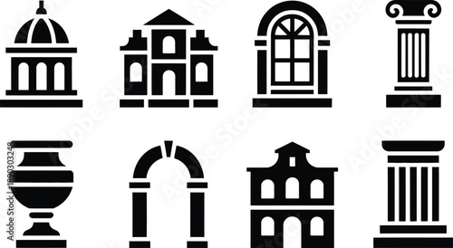 Collection of various architectural icons and monuments in black silhouette