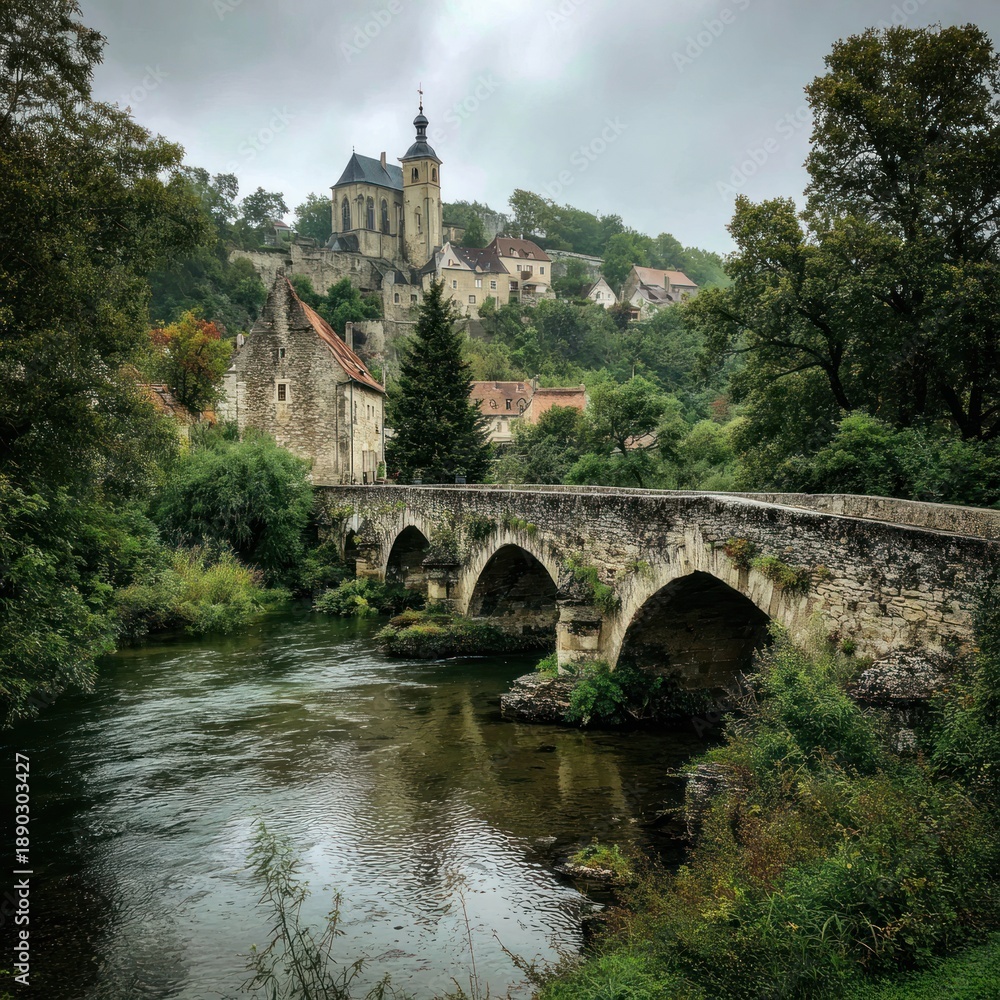 Obraz premium A picturesque medieval village with a stone bridge spanning a river, surrounded by lush greenery and ancient stone buildings, under a cloudy sky with a church steeple in the background.