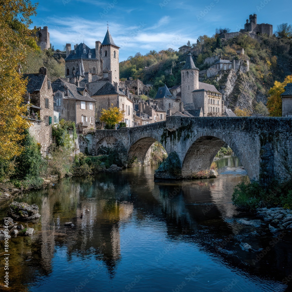 Fototapeta premium A picturesque medieval village with a stone bridge spanning a river, surrounded by lush greenery and ancient stone buildings, under a clear blue sky with scattered clouds.