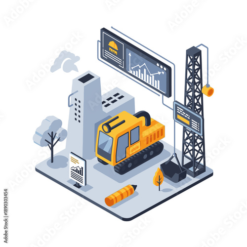 Isometric illustration of construction site with excavator and crane.