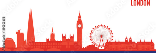 Minimal red London skyline silhouette with iconic landmarks isolated white background modern flat vector illustration design