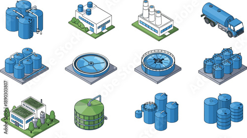Isometric Industrial Water Treatment Plant Icons Set with Storage Tanks, Purification Basins, Factory Buildings, and Chemical Processing Equipment for Infrastructure Design