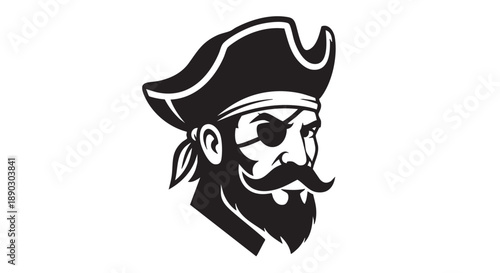A black and white illustration of a pirate captain with a beard and eye patch, facing right.