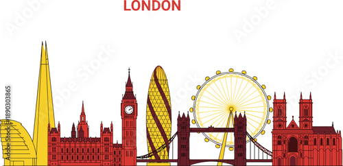 London skyline illustration with iconic landmarks in red and yellow colors isolated white background modern flat vector design