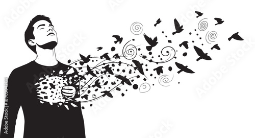 Man releasing birds and swirls from his chest on white background with freedom and happiness