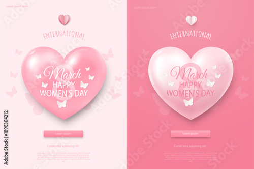 A set of two posters or banners for Women's Day, March 8, depicting a three-dimensional heart, butterflies on a pink background. Flyers for advertising and shopping within the framework of the concept