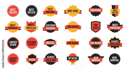 Collection of assorted marketing badges and labels indicating sale status and popularity, perfect for e-commerce and promotions