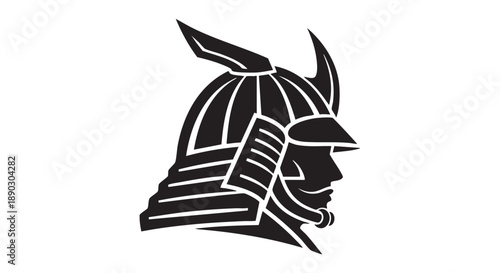 A black and white illustration of a samurai warrior's helmet and profile viewed from the side
