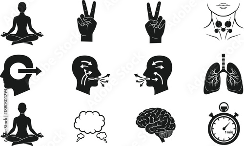 Mental Health and Wellness Icon Set Featuring Meditation Yoga Poses, Breathing Exercises, Human Brain, Lungs, Mindful Thinking, and Stopwatch for Stress Relief