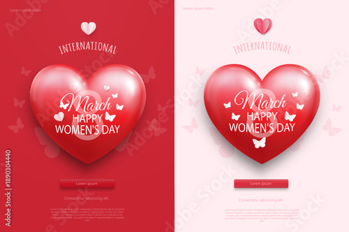 A set of two posters or banners for Women's Day, March 8, depicting a three-dimensional heart, butterflies on a red and pink background. A template for advertising and shopping within the framework of