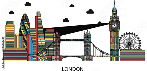 Colorful striped London skyline illustration featuring Big Ben Tower Bridge London Eye modern urban vector design poster abstract city artwork