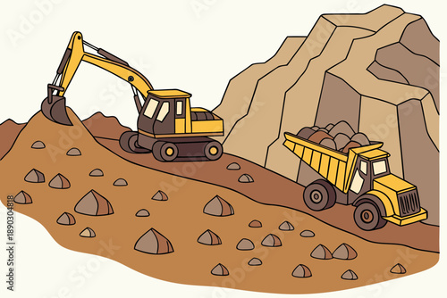 Excavator and dump truck operating in a rocky quarry, moving earth and materials