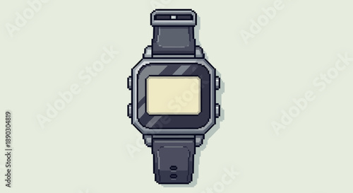 Pixelated digital wristwatch with blank screen and grey strap isolated on light background