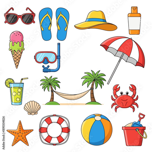 Collection of summer beach vacation icons including ice cream, drink, hat, sunglasses, snorkel, hammock, crab, and beach toys