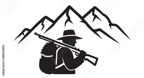 Hunter kneeling with rifle in mountains landscape illustration