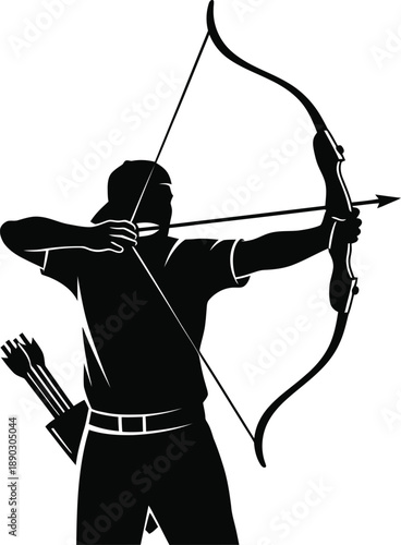 Archery Player Aiming Bow Black and White Vector isolated on white background