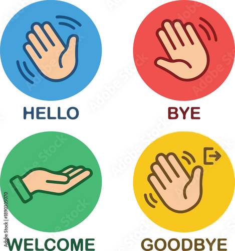Set of Colorful Hand Gesture Icons for "Hello," "Bye," "Welcome," and "Goodbye," Vector Isolated on White Background