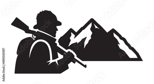 Man standing in front of mountains holding a rifle, silhouette view from the side